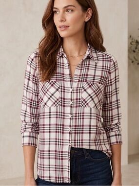 Express Portofino Shirt Womens Medium Burgundy Black Plaid Button Down Blouse